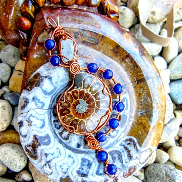 Jewelry - Handmade Aquamarine Ammonite Glass Bead Pendant